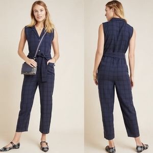 ANTHROPOLOGIE Brielle Plaid Navy Tie Jumpsuit